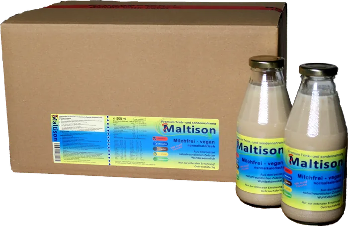 Maltison Kartons mit Glasflaschen der Sondennahrung